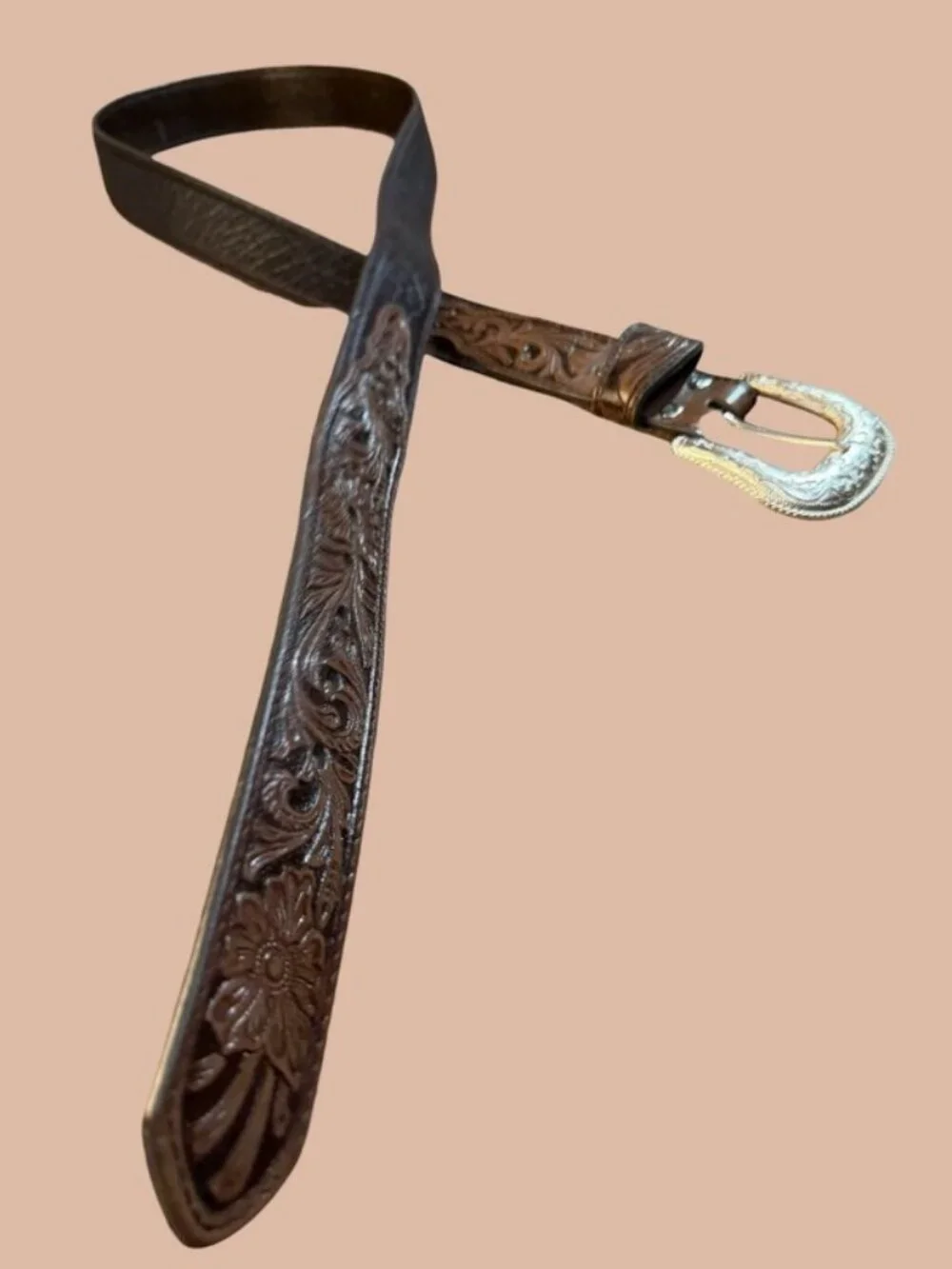Nocona Vintage Brown Floral Hand-Tooled Western Leather Belt Size 46